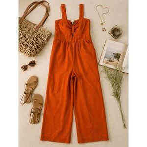 Monteau Los Angeles Orange Linen Blend Knot Front Wide Leg Jumpsuit Womens M